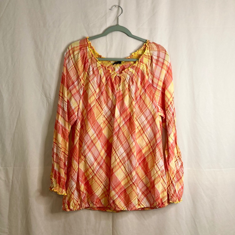 Plaid Smocked Peasant Blouse Orange Yellow Lane Bryant Plus Size 14/16 Boho